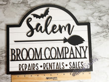 Load image into Gallery viewer, Halloween Salem Broom Shiplap Sign Store Black and White Witch Witches Herber Studios
