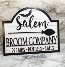 Load image into Gallery viewer, Halloween Salem Broom Shiplap Sign Store Black and White Witch Witches Herber Studios
