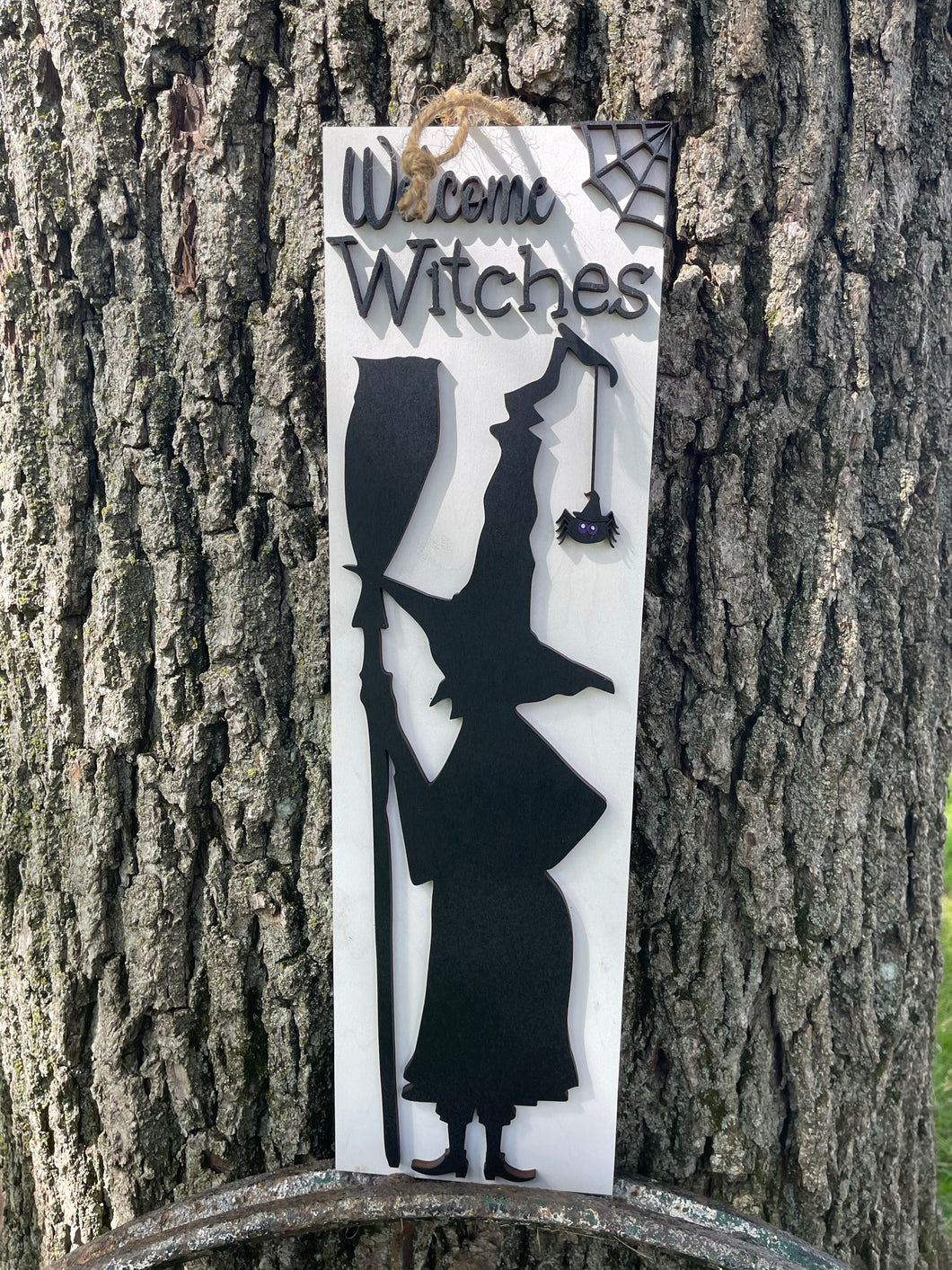 Halloween Welcome Witches Hanging Sign Black White Spider