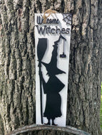 Halloween Welcome Witches Hanging Sign Black White Spider