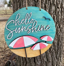 Load image into Gallery viewer, Hello Sunshine Beach Round Wood Sign Umbrellas
