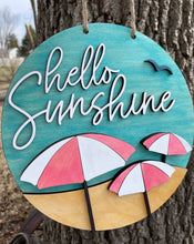 Load image into Gallery viewer, Hello Sunshine Beach Round Wood Sign Umbrellas
