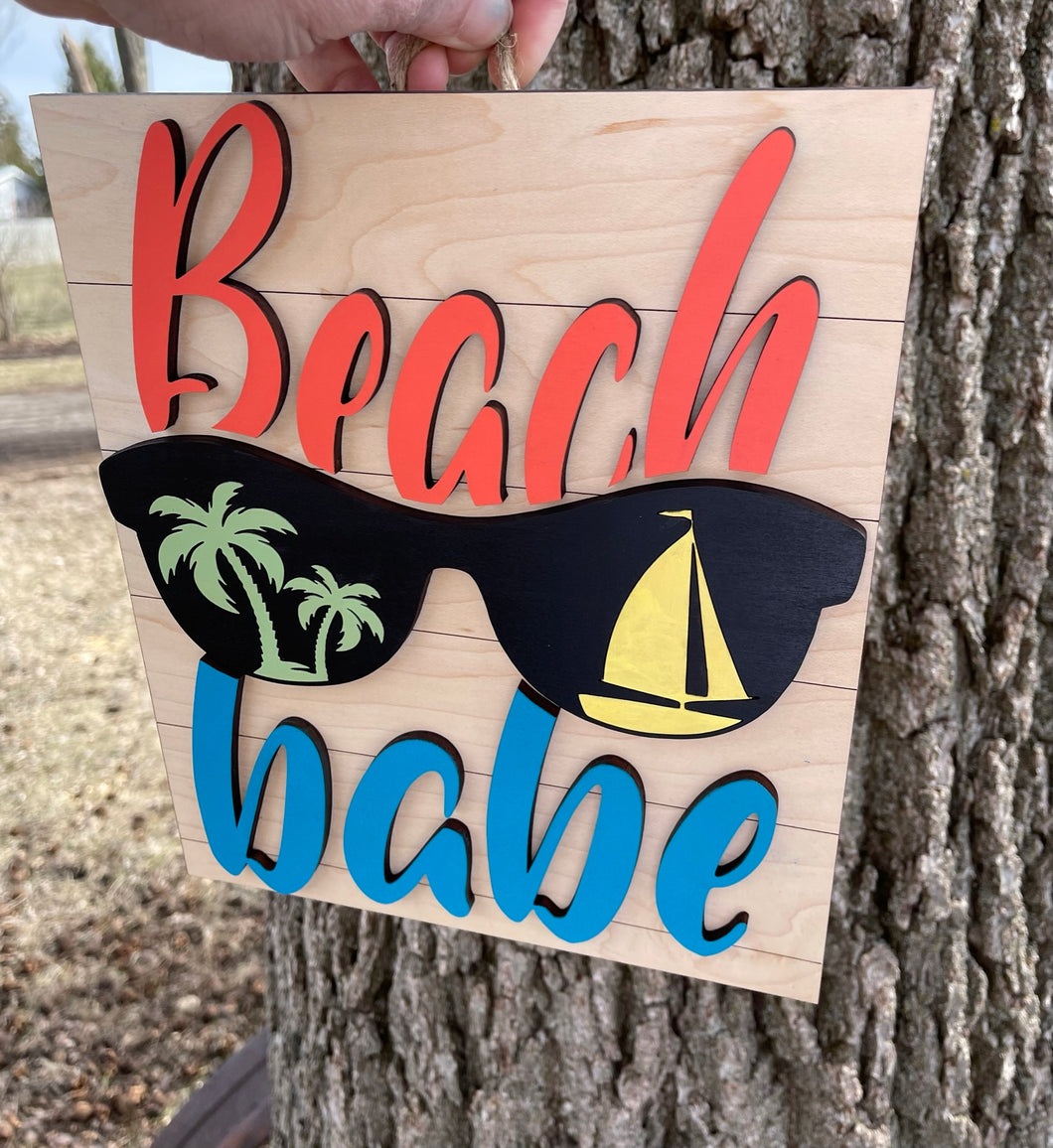 Beach Babe Wood Multi Layer Sign Lake Palm Tree Sunglasses Sailboat