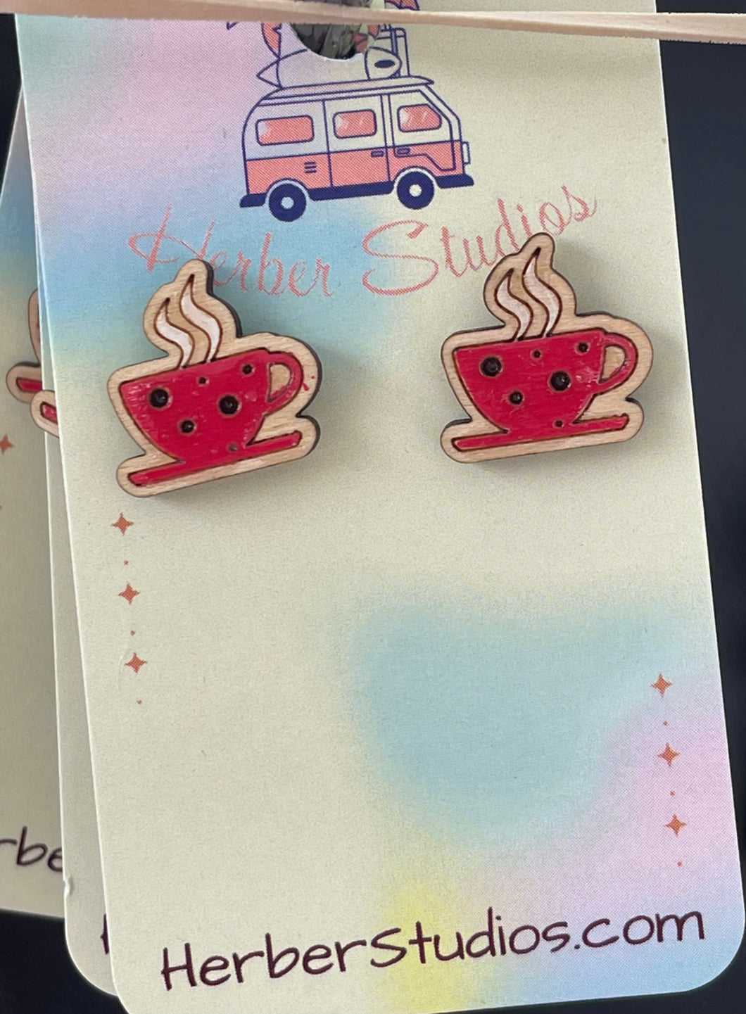 Coffee Cup Earring Studs - With Polka Dots