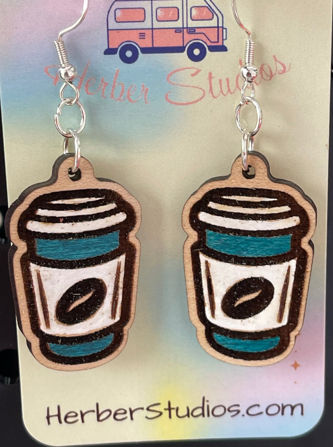 Turquoise Blue Heart Coffee To Go Cup Drop Dangle Earrings
