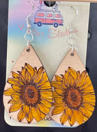 Engraved Sunflower Drop Earrings Teardrop