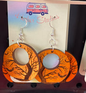 Halloween Engraved Circle Tree Bat Earrings Drop Dangle