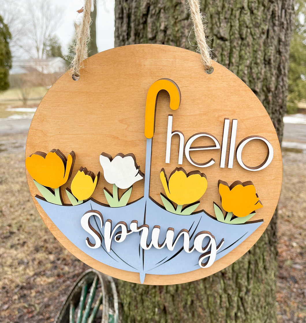 Hello Spring Umbrella Flowers Wood Painted Sign 10.5