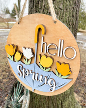 Load image into Gallery viewer, Hello Spring Umbrella Flowers Wood Painted Sign 10.5&quot; - Door Hanger - Porch Decor - Light Blue Yellow
