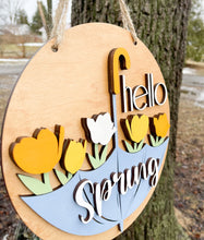 Load image into Gallery viewer, Hello Spring Umbrella Flowers Wood Painted Sign 10.5&quot; - Door Hanger - Porch Decor - Light Blue Yellow
