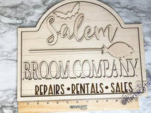 Load image into Gallery viewer, Halloween Salem Broom Shiplap Sign Store Black and White Witch Witches Herber Studios
