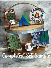 Load image into Gallery viewer, Camp Tier Tray DIY Wood Kit - Camping Woods Fire RV Smores Kitchen Decor -  Tiered Signs - Wood Craft - Completed Set Sample Pic Shown
