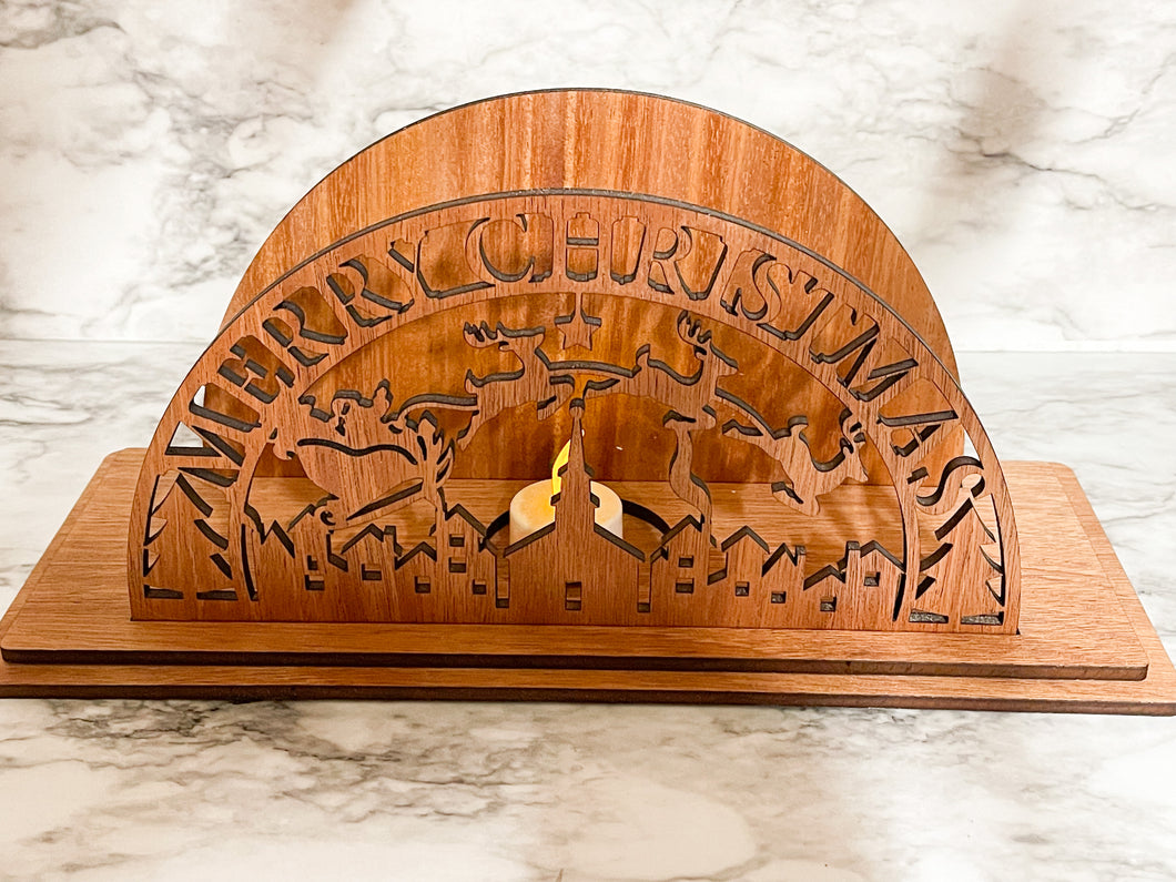Mantle Candle Holder Merry Christmas Mahogany Laser Cut Santa Reindeer