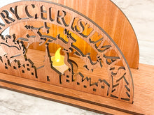Load image into Gallery viewer, Mantle Candle Holder Merry Christmas Mahogany Laser Cut Santa Reindeer
