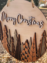 Load image into Gallery viewer, Mid Century Mod Style LIGHT Background Merry Christmas Wood Round Sign Layered Mahogany Maple Holiday Decor
