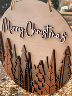 Mid Century Mod Style LIGHT Background Merry Christmas Wood Round Sign Layered Mahogany Maple Holiday Decor