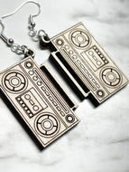 Boom Box Earrings - Wood Dangle - Retro Jewelry Music Musician Radio