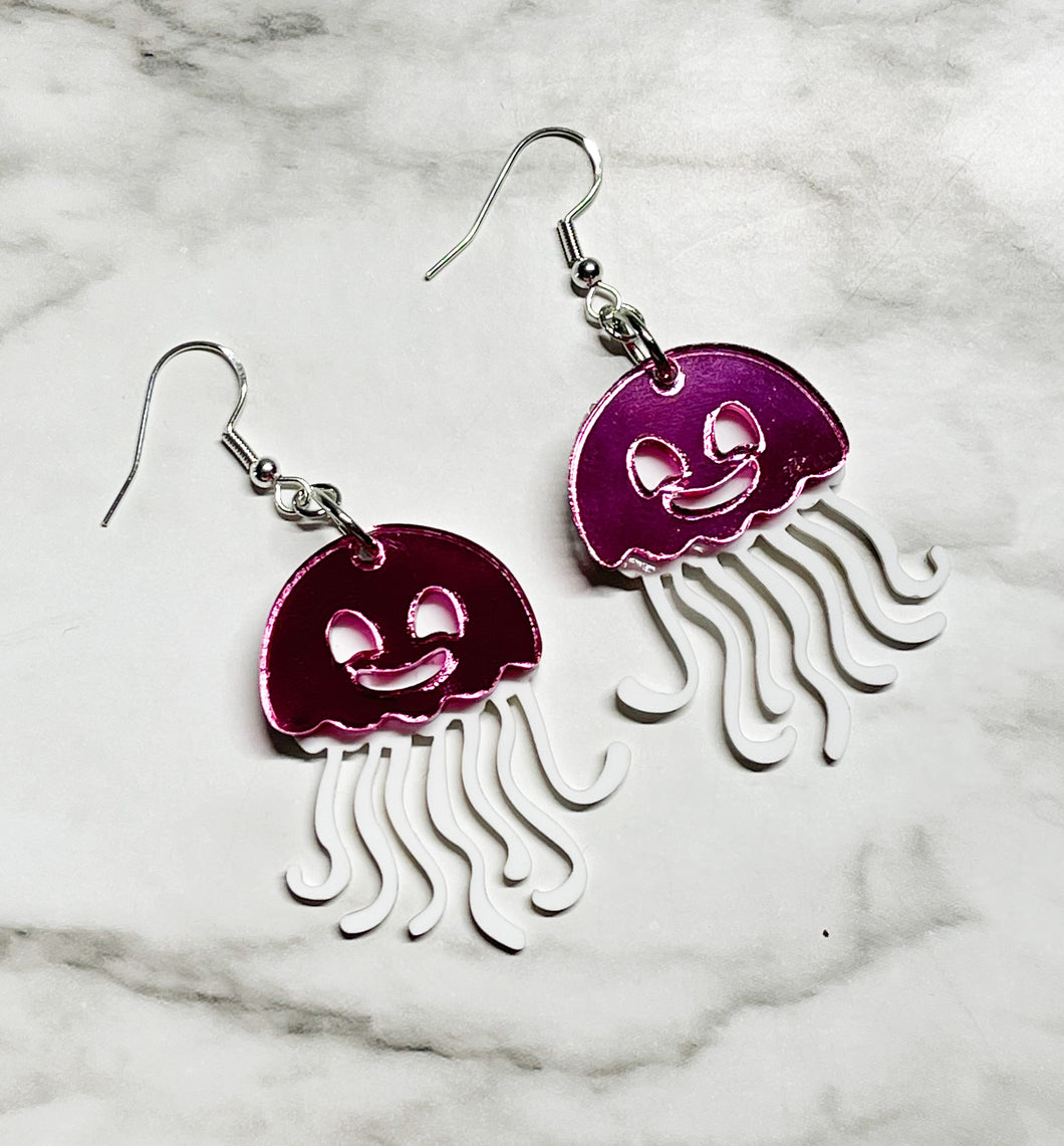 Double Layer JELLYFISH Earrings - So Fun So Funky - Pink and white - jewelry - ocean