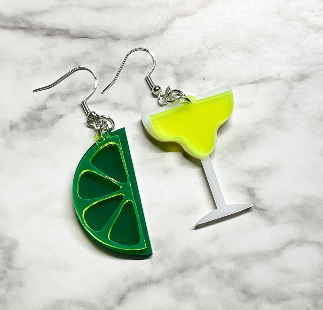 Margarita and Lime Double Layer Acrylic Earrings - Jewelry Tequila Drinks Funky