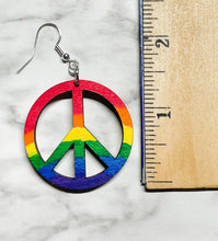 Load image into Gallery viewer, Hand Painted Rainbow Peace Earrings - Wood - Symbol - Earrings - LGBTQ

