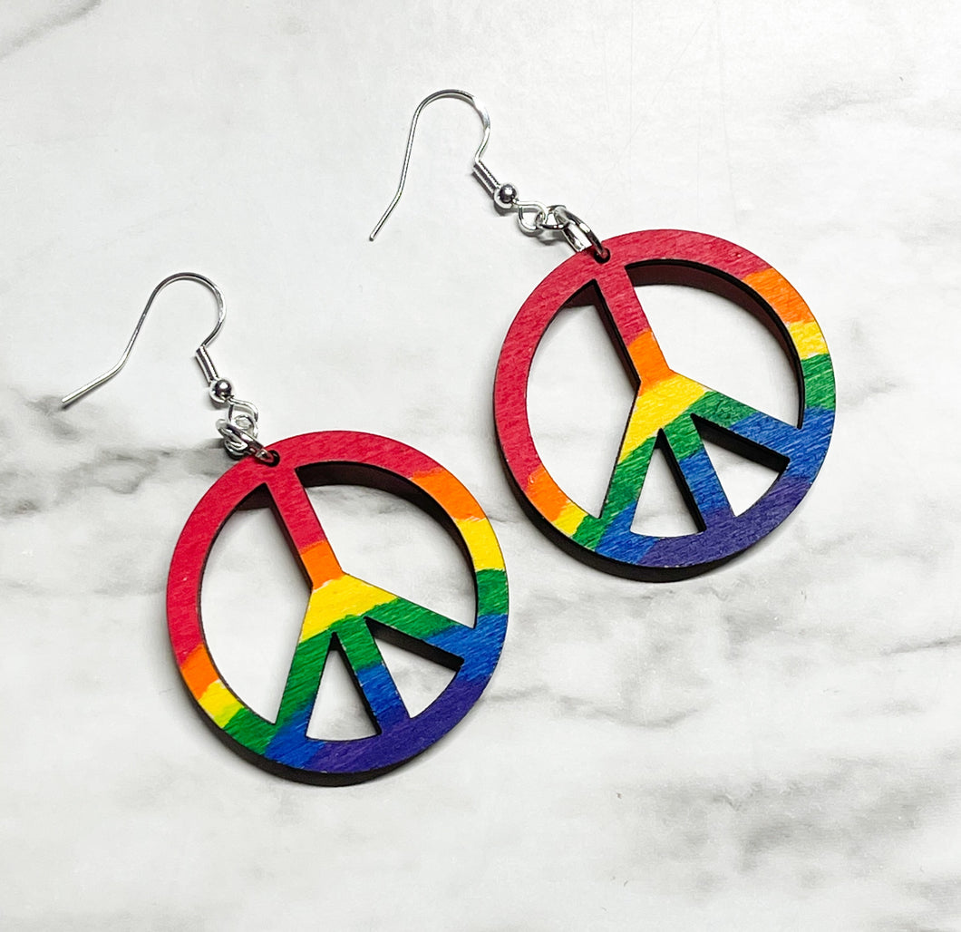 Hand Painted Rainbow Peace Earrings - Wood - Symbol - Earrings - LGBTQ