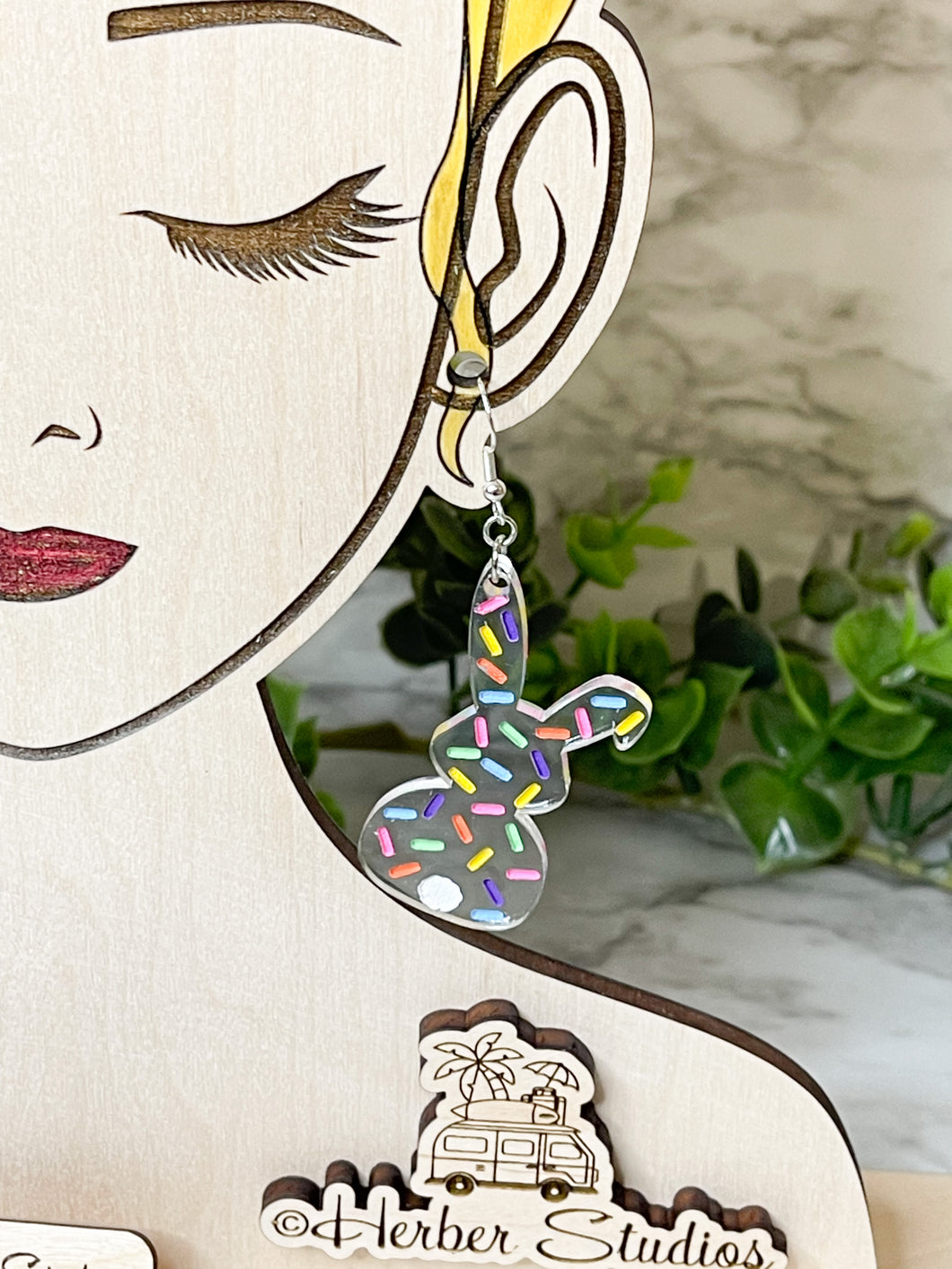 Easter Earrings Sprinkles ~ Easter Bunny Rabbit ~ Acrylic Earrings ~ Engraved ~ Hand Painted