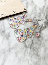 Load image into Gallery viewer, Easter Earrings Sprinkles ~ Easter Bunny Rabbit ~ Acrylic Earrings ~ Engraved ~ Hand Painted
