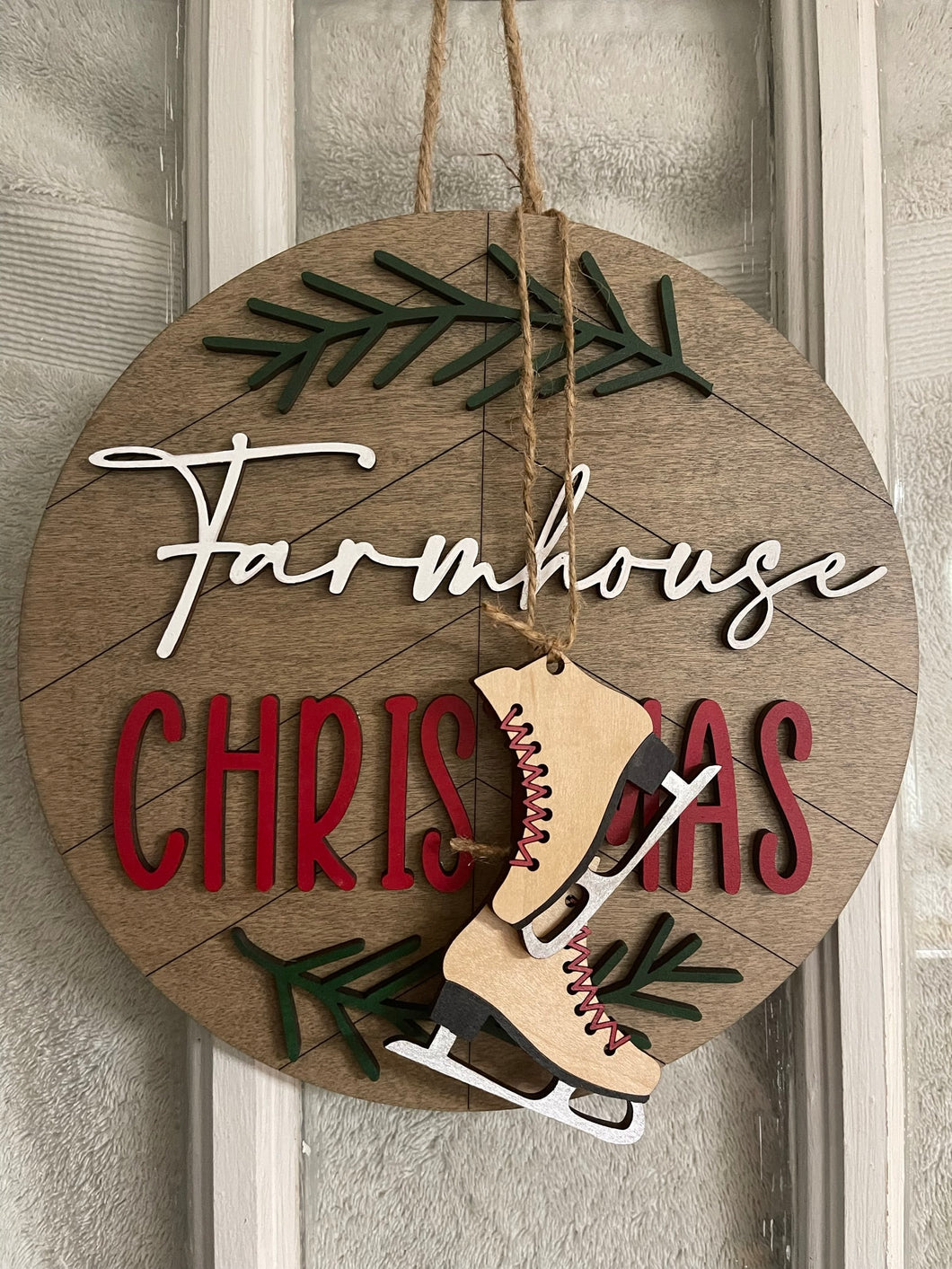 Farmhouse Christmas Sign with Ice Skates Herringbone