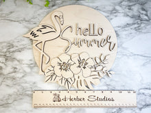 Load image into Gallery viewer, Flamingo Hello Summer Sign WOOD BLANKS Beach Tropical Kitsch Tiki Porch Sign DIY Paint Party Wine Party
