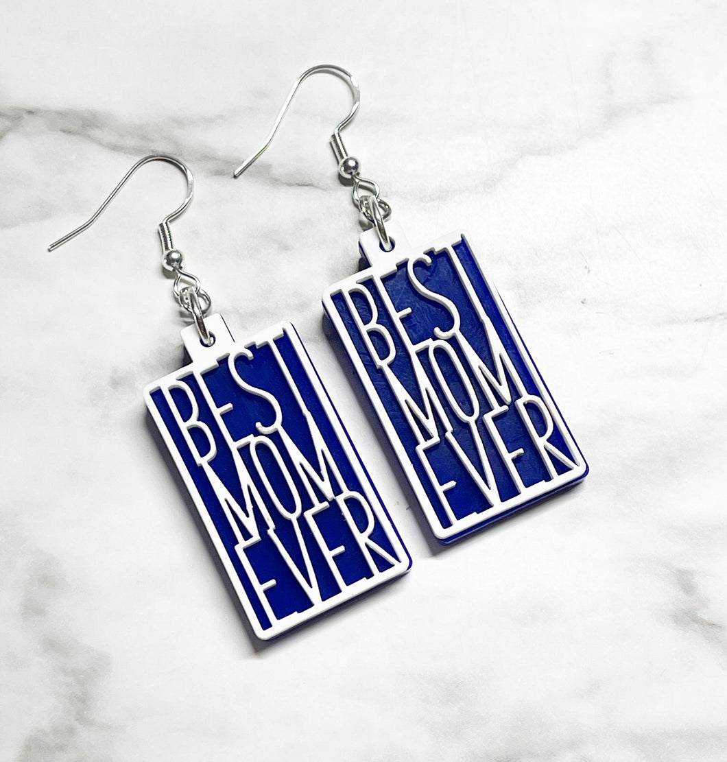 Best Mom Ever Earrings - Acrylic - Double Layer - Blue Rectangle - Gift - Jewelry
