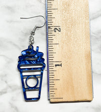 Load image into Gallery viewer, Iced Coffee Earrings - Coffee Frappe Tall Drink Cup - Blue Swirl Acrylic -
