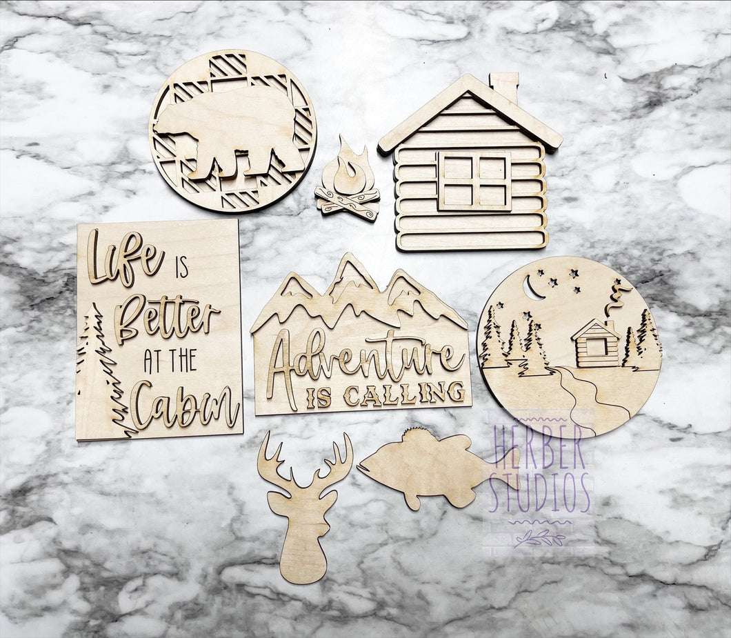 Cabin Tier Tray DIY Wood Kit - Woods Log River Bear Deer Mountains Hunting Summer Winter Kitchen Decor -  Tiered Signs - Wood Craft