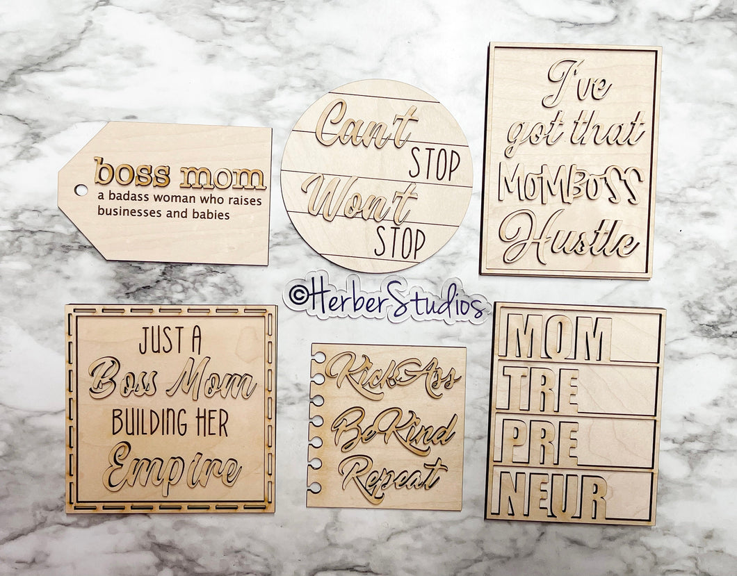 DIY Boss Mom Wood Kit - Entrepreneur Boss Lady - Momtrepeneur Office Home Decor -  Tiered Signs - Wood Craft