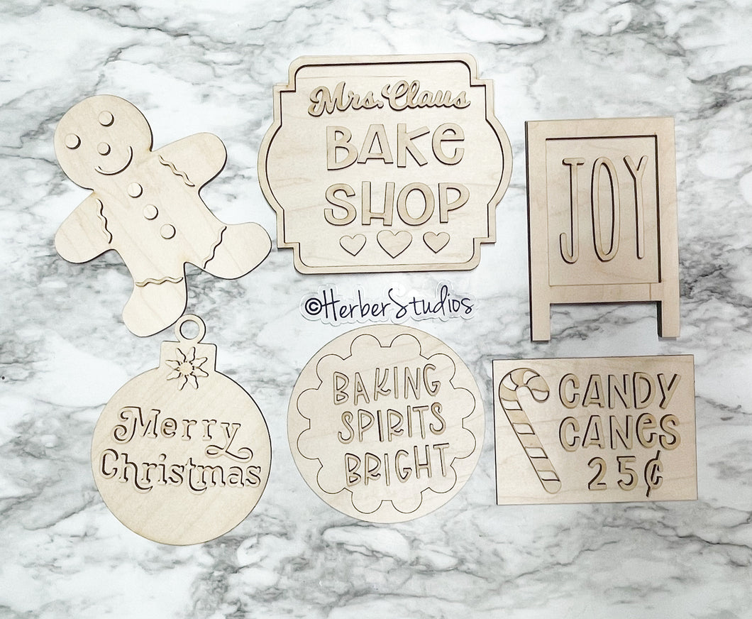 Christmas Bake Shop Tier Tray DIY Wood Kit - Holiday - Kitchen Decor - Tiered Signs - Gingerbread Joy Ornament Baking Mrs Claus Candy Canes