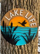 Lake Life Wood Sign - Cattails Sunset Bird