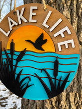 Load image into Gallery viewer, Cattails Lake Life Hand Painted Wood Sign Door Hanger Sunset Goose
