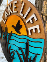 Load image into Gallery viewer, Lake Life Wood Sign - Cattails Sunset Bird
