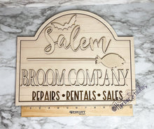 Load image into Gallery viewer, Halloween Salem Broom Shiplap Sign Store Black and White Witch Witches Herber Studios
