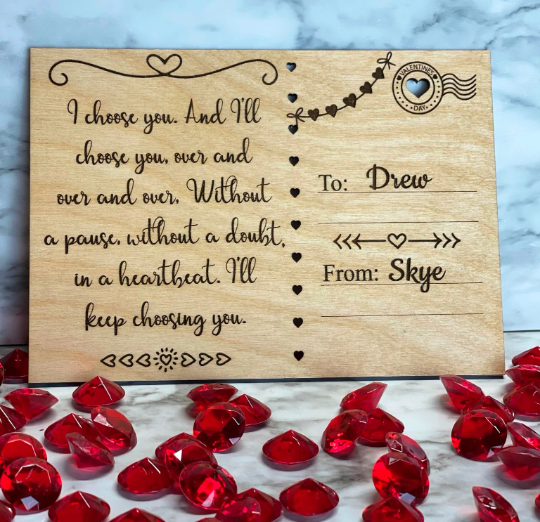 Personalized Love Valentine Postcard ~ Wood Engraved ~ Cut Hearts ~