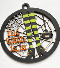 Load image into Gallery viewer, Halloween Ornament The Witch Is In Car Charm Spider Web Legs Shoes Herber Studios
